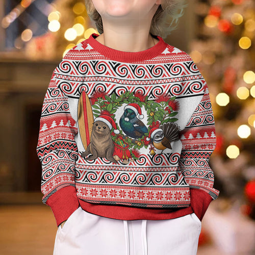 New Zealand Animal Christmas Kid Ugly Christmas Sweater Maori Inspired Kowhaiwhai Patterns