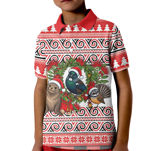 New Zealand Animal Christmas Kid Polo Shirt Maori Inspired Kowhaiwhai Patterns