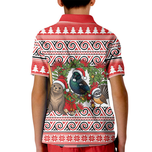 New Zealand Animal Christmas Kid Polo Shirt Maori Inspired Kowhaiwhai Patterns