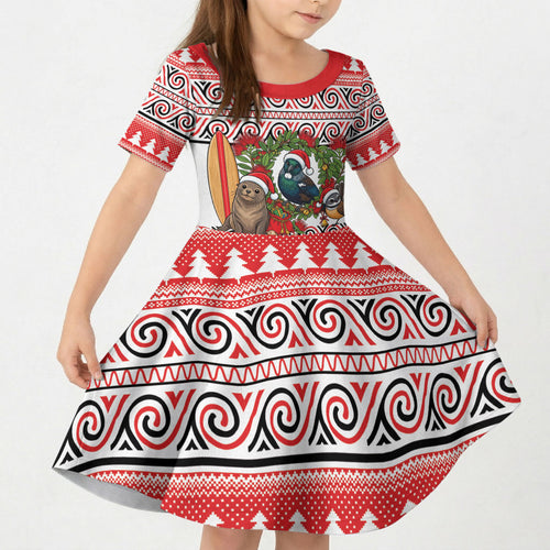 New Zealand Animal Christmas Kid Short Sleeve Dress Maori Inspired Kowhaiwhai Patterns