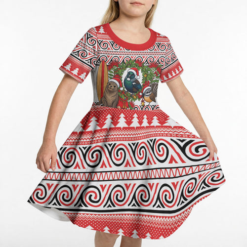 New Zealand Animal Christmas Kid Short Sleeve Dress Maori Inspired Kowhaiwhai Patterns