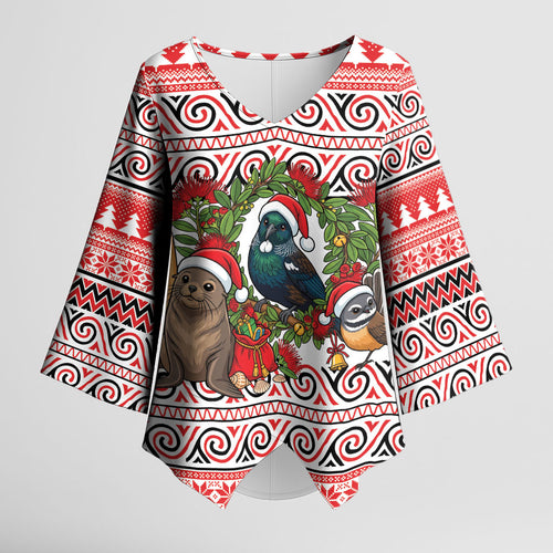 New Zealand Animal Christmas Kimono Sleeve Blouse Maori Inspired Kowhaiwhai Patterns