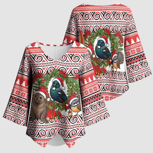 New Zealand Animal Christmas Kimono Sleeve Blouse Maori Inspired Kowhaiwhai Patterns
