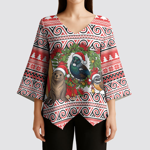 New Zealand Animal Christmas Kimono Sleeve Blouse Maori Inspired Kowhaiwhai Patterns