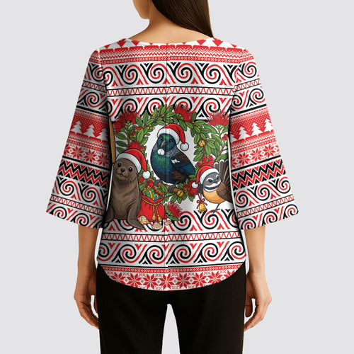 New Zealand Animal Christmas Kimono Sleeve Blouse Maori Inspired Kowhaiwhai Patterns