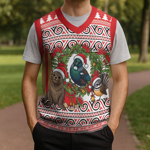 New Zealand Animal Christmas Knitted V-Neck Vest Maori Inspired Kowhaiwhai Patterns