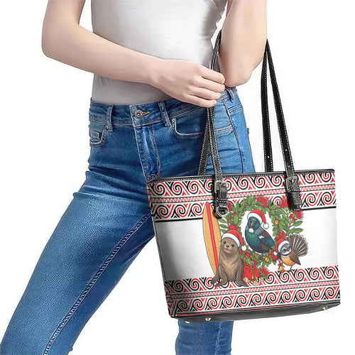 New Zealand Animal Christmas Leather Tote Bag Maori Inspired Kowhaiwhai Patterns