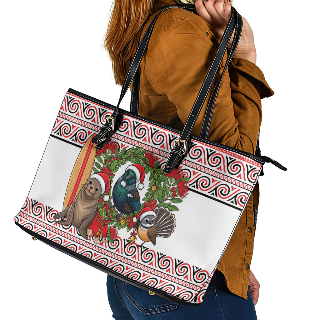 New Zealand Animal Christmas Leather Tote Bag Maori Inspired Kowhaiwhai Patterns