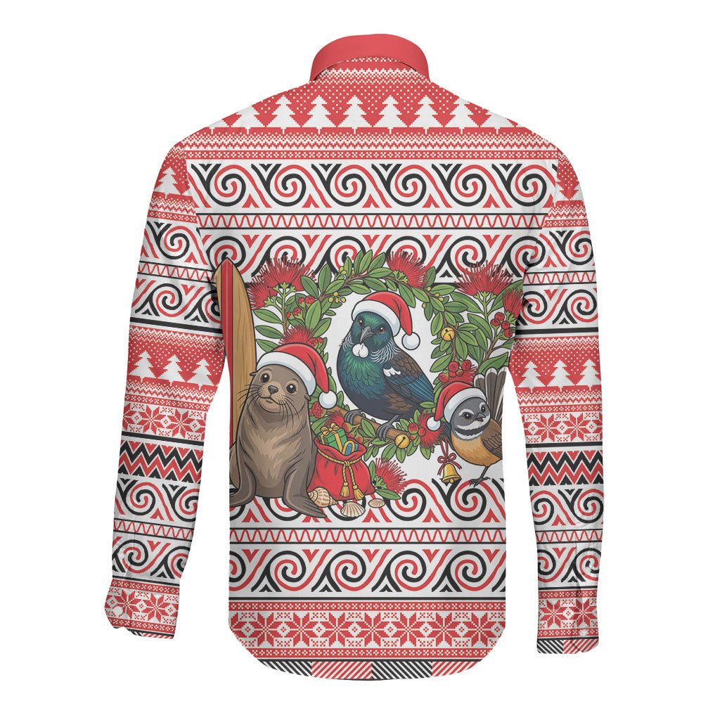 New Zealand Animal Christmas Long Sleeve Button Shirt Maori Inspired Kowhaiwhai Patterns