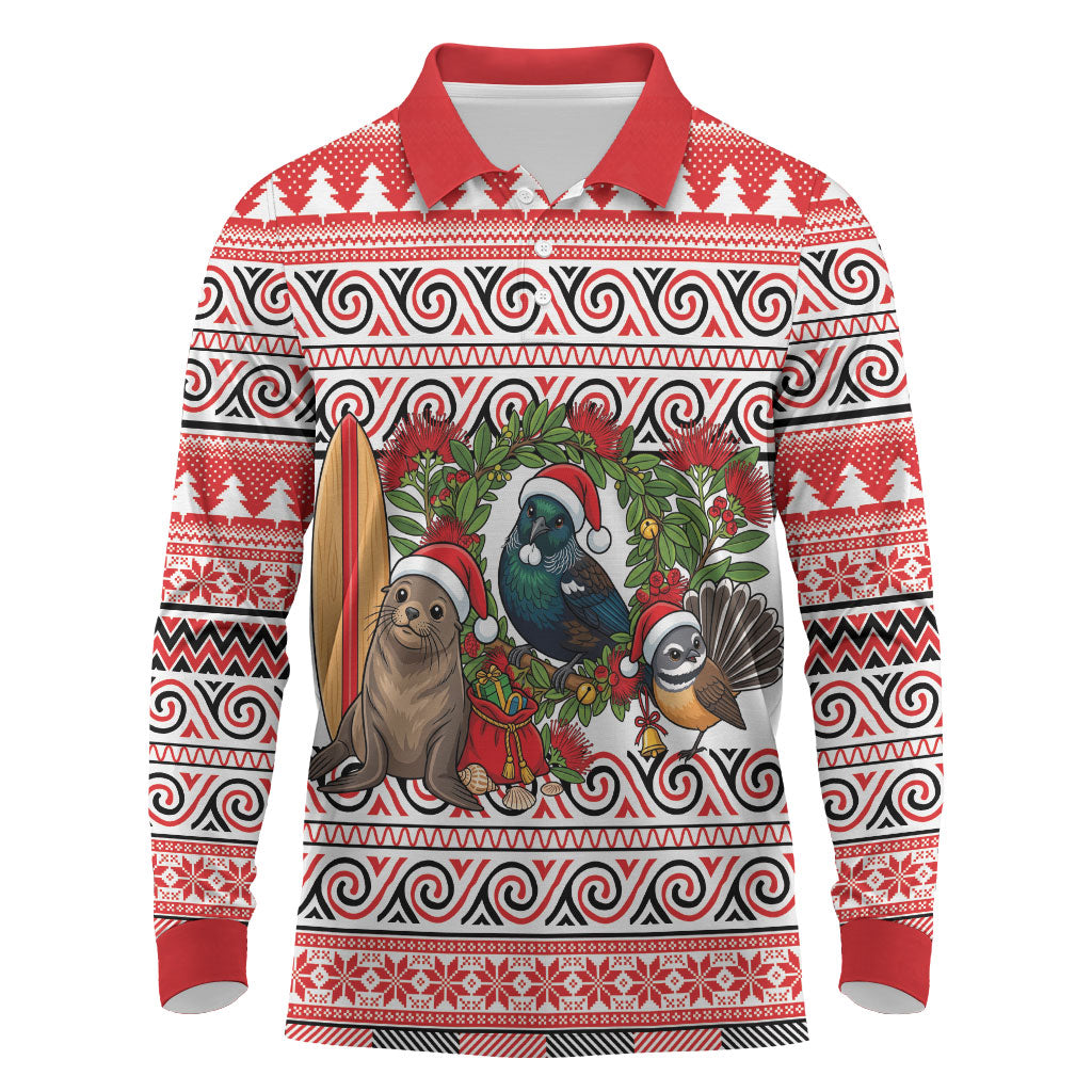 New Zealand Animal Christmas Long Sleeve Polo Shirt Maori Inspired Kowhaiwhai Patterns