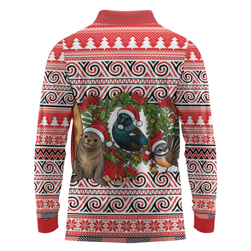 New Zealand Animal Christmas Long Sleeve Polo Shirt Maori Inspired Kowhaiwhai Patterns