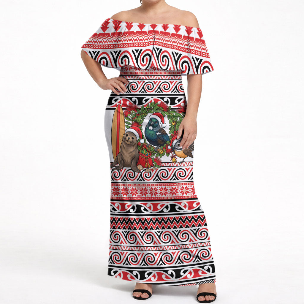 New Zealand Animal Christmas Off Shoulder Maxi Dress Maori Inspired Kowhaiwhai Patterns