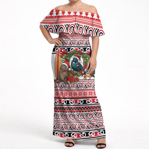 New Zealand Animal Christmas Off Shoulder Maxi Dress Maori Inspired Kowhaiwhai Patterns