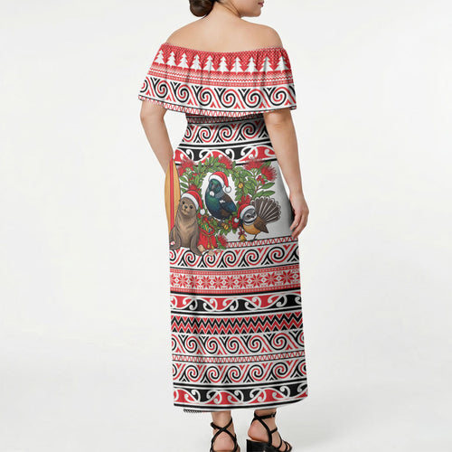 New Zealand Animal Christmas Off Shoulder Maxi Dress Maori Inspired Kowhaiwhai Patterns