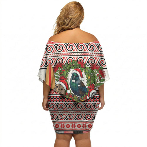 New Zealand Animal Christmas Off Shoulder Short Dress Maori Inspired Kowhaiwhai Patterns