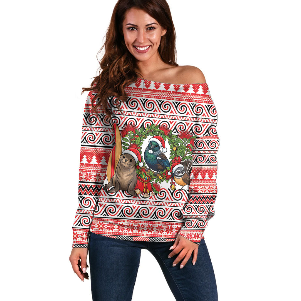 New Zealand Animal Christmas Off Shoulder Sweater Maori Inspired Kowhaiwhai Patterns
