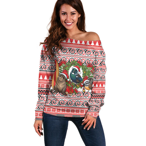New Zealand Animal Christmas Off Shoulder Sweater Maori Inspired Kowhaiwhai Patterns
