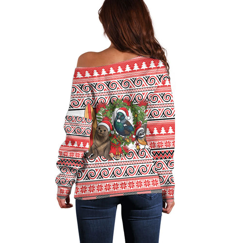 New Zealand Animal Christmas Off Shoulder Sweater Maori Inspired Kowhaiwhai Patterns
