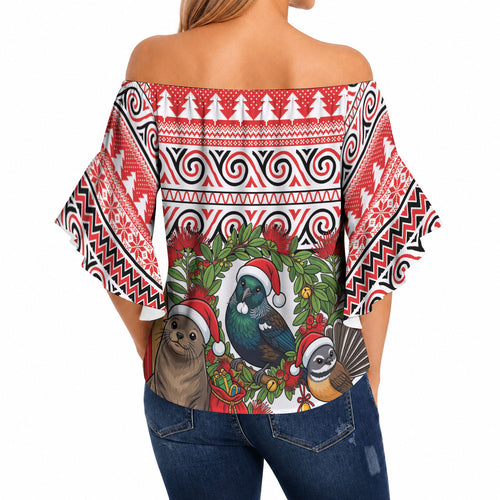 New Zealand Animal Christmas Off Shoulder Wrap Waist Top Maori Inspired Kowhaiwhai Patterns