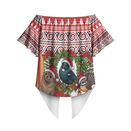 New Zealand Animal Christmas Off Shoulder Wrap Waist Top Maori Inspired Kowhaiwhai Patterns