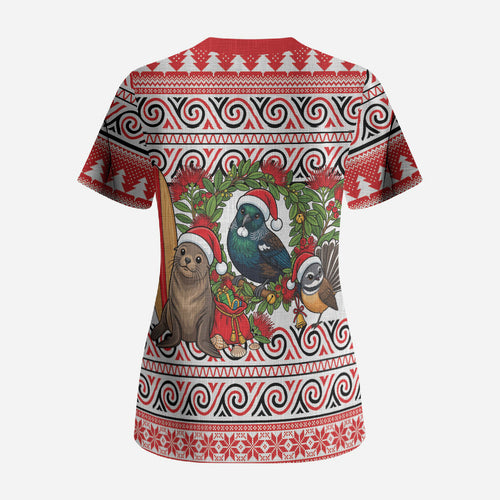 New Zealand Animal Christmas Scrub Top Maori Inspired Kowhaiwhai Patterns