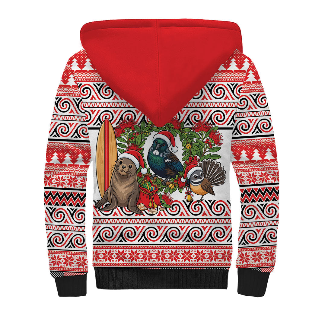 New Zealand Animal Christmas Sherpa Hoodie Maori Inspired Kowhaiwhai Patterns