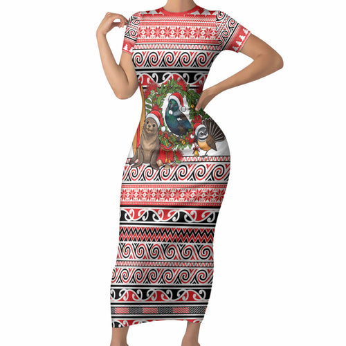New Zealand Animal Christmas Short Sleeve Bodycon Dress Maori Inspired Kowhaiwhai Patterns