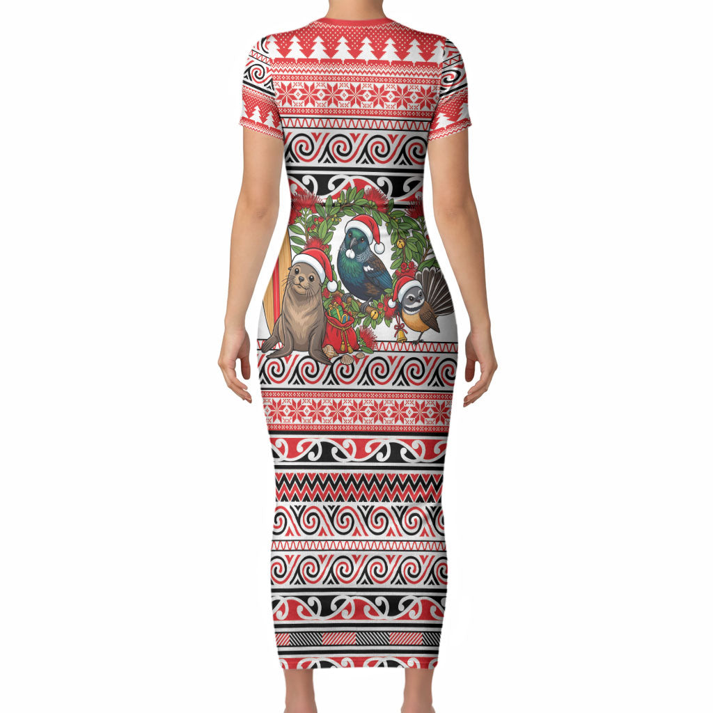 New Zealand Animal Christmas Short Sleeve Bodycon Dress Maori Inspired Kowhaiwhai Patterns