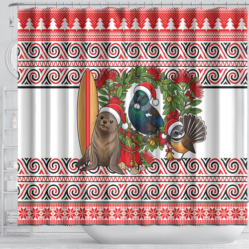 New Zealand Animal Christmas Shower Curtain Maori Inspired Kowhaiwhai Patterns