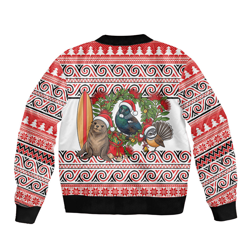 New Zealand Animal Christmas Sleeve Zip Bomber Jacket Maori Inspired Kowhaiwhai Patterns