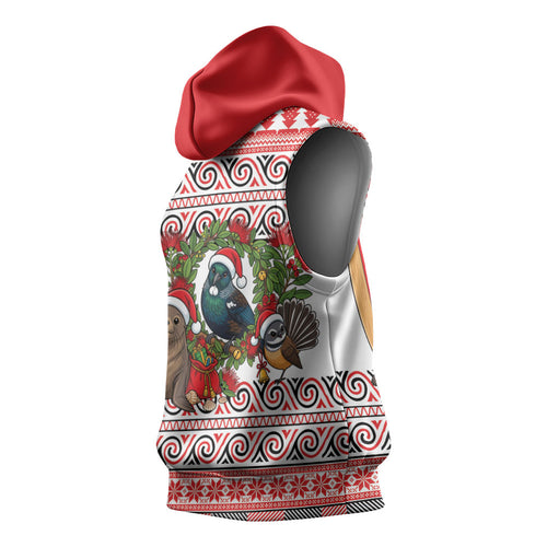 New Zealand Animal Christmas Sleeveless Hoodie Maori Inspired Kowhaiwhai Patterns