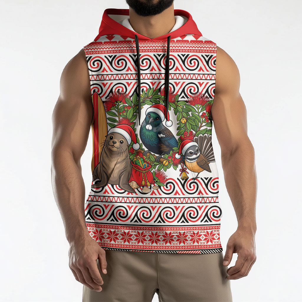 New Zealand Animal Christmas Sleeveless Hoodie Maori Inspired Kowhaiwhai Patterns