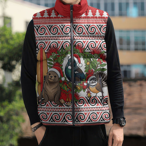 New Zealand Animal Christmas Sleeveless Puffer Jacket Maori Inspired Kowhaiwhai Patterns