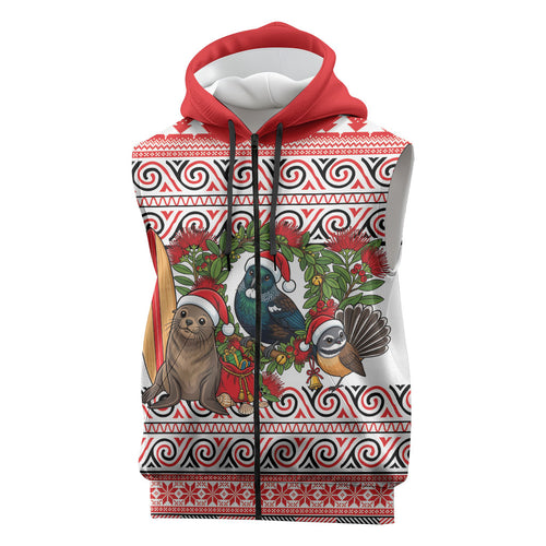 New Zealand Animal Christmas Sleeveless Zip Hoodie Maori Inspired Kowhaiwhai Patterns