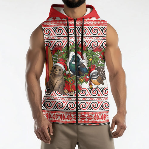 New Zealand Animal Christmas Sleeveless Zip Hoodie Maori Inspired Kowhaiwhai Patterns