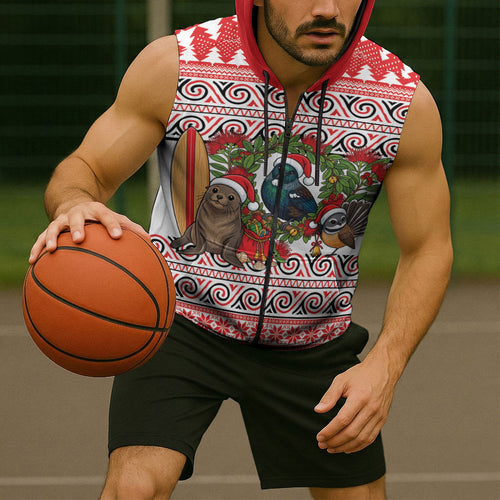 New Zealand Animal Christmas Sleeveless Zip Hoodie Maori Inspired Kowhaiwhai Patterns