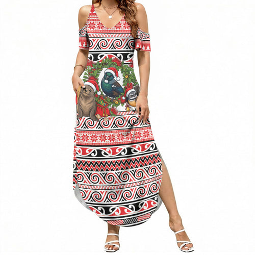 New Zealand Animal Christmas Summer Maxi Dress Maori Inspired Kowhaiwhai Patterns