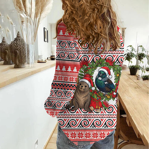 New Zealand Animal Christmas Women Casual Shirt Maori Inspired Kowhaiwhai Patterns