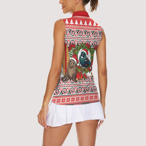 New Zealand Animal Christmas Women Sleeveless Polo Shirt Maori Inspired Kowhaiwhai Patterns