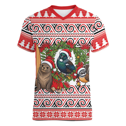 New Zealand Animal Christmas Women V-Neck T-Shirt Maori Inspired Kowhaiwhai Patterns