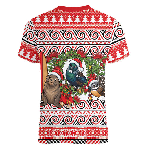 New Zealand Animal Christmas Women V-Neck T-Shirt Maori Inspired Kowhaiwhai Patterns