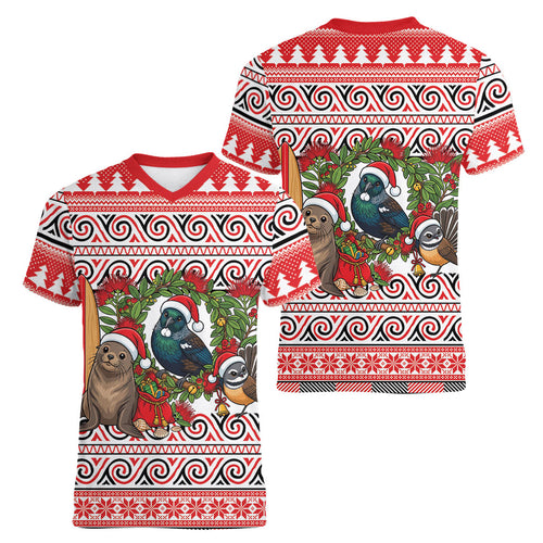New Zealand Animal Christmas Women V-Neck T-Shirt Maori Inspired Kowhaiwhai Patterns