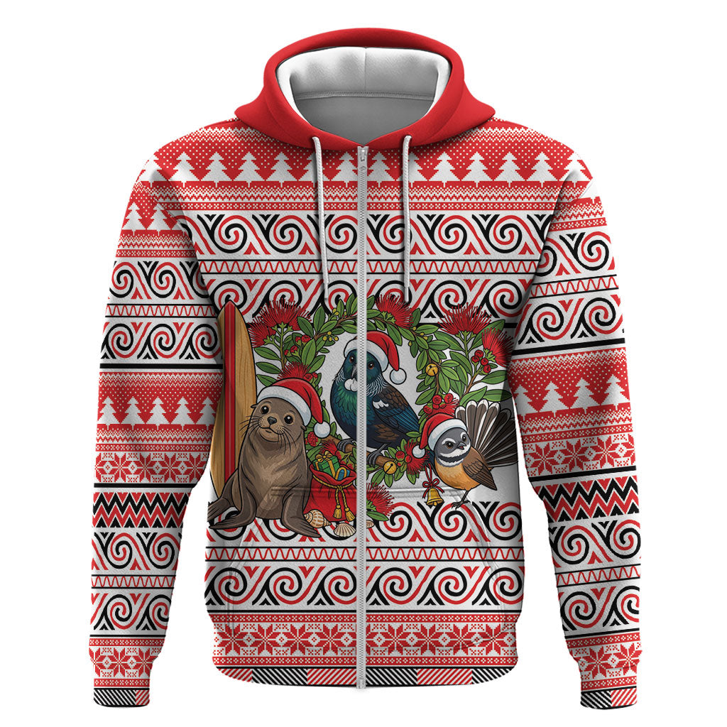 New Zealand Animal Christmas Zip Hoodie Maori Inspired Kowhaiwhai Patterns