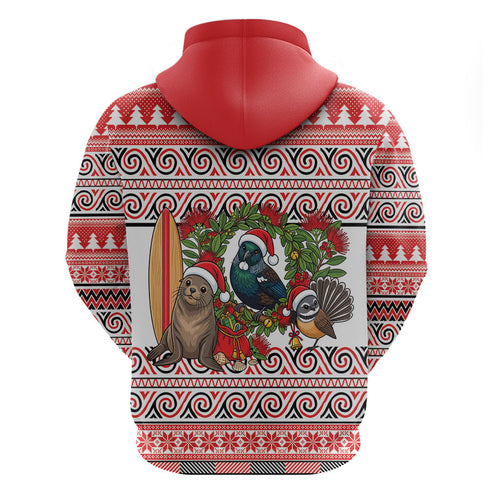 New Zealand Animal Christmas Zip Hoodie Maori Inspired Kowhaiwhai Patterns