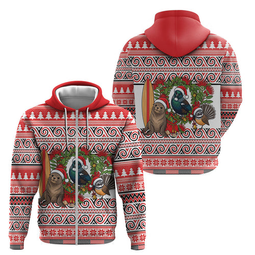 New Zealand Animal Christmas Zip Hoodie Maori Inspired Kowhaiwhai Patterns