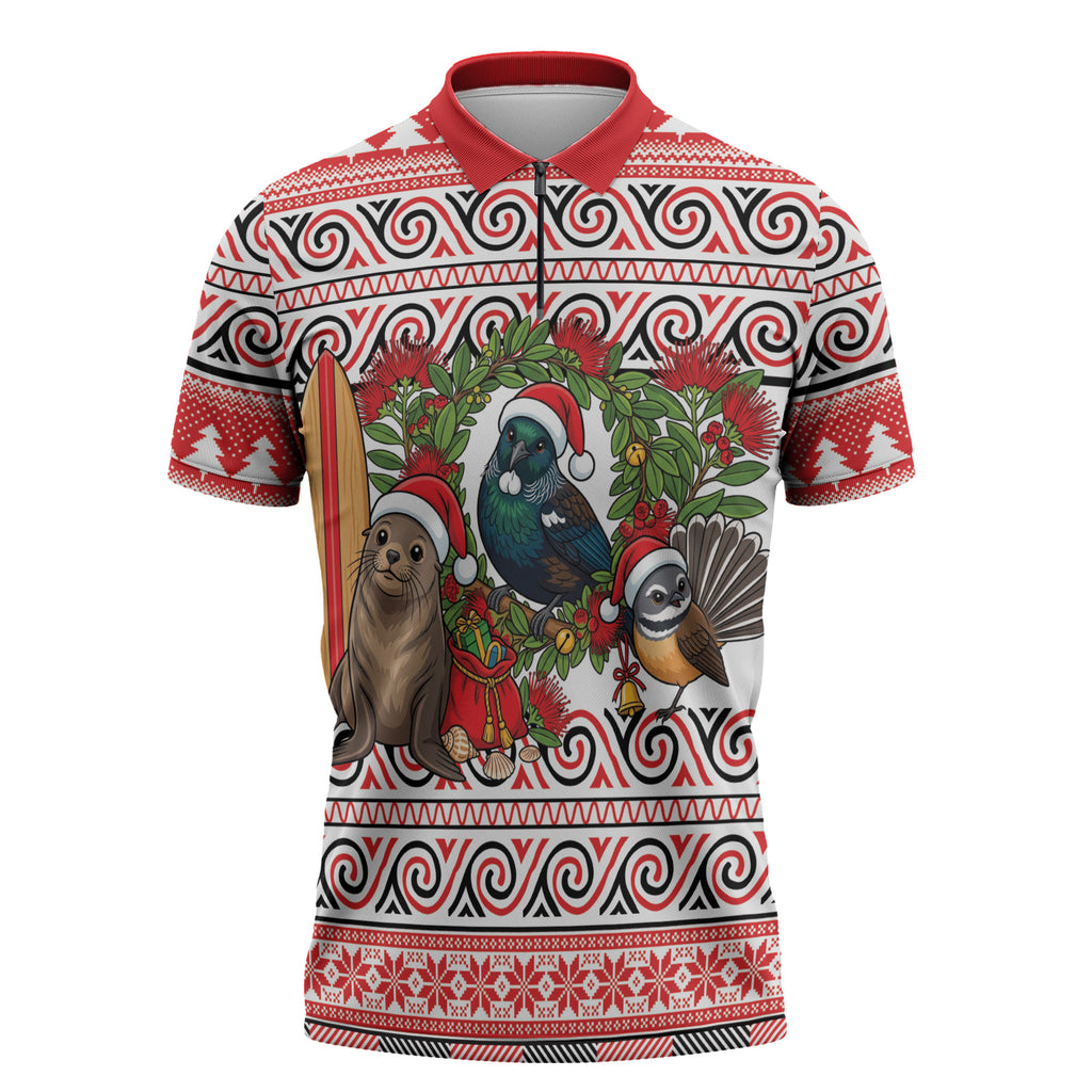New Zealand Animal Christmas Zipper Polo Shirt Maori Inspired Kowhaiwhai Patterns