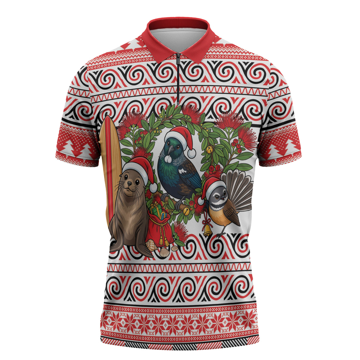New Zealand Animal Christmas Zipper Polo Shirt Maori Inspired Kowhaiwhai Patterns