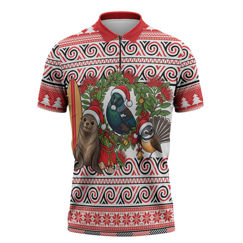 New Zealand Animal Christmas Zipper Polo Shirt Maori Inspired Kowhaiwhai Patterns