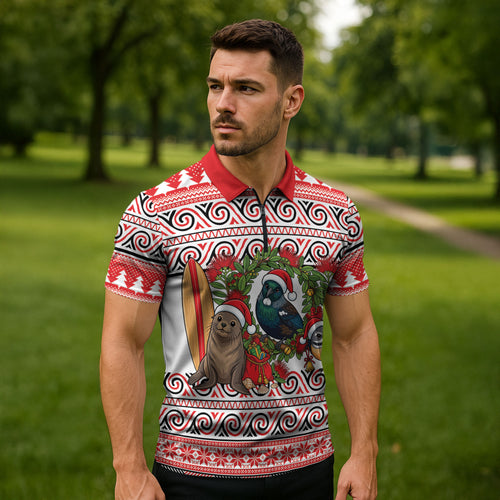 New Zealand Animal Christmas Zipper Polo Shirt Maori Inspired Kowhaiwhai Patterns