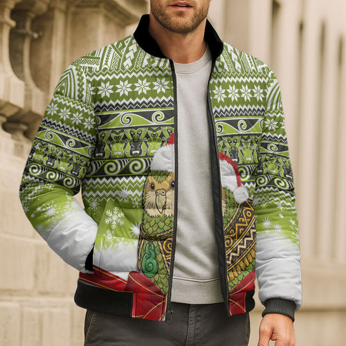 New Zealand Kakapo Christmas Bomber Puffer Jacket Maori Inspired Knitted Patterns